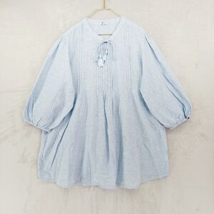 Blue Islands Blue Cotton Puff Sleeve Drawstring Blouse Top P348